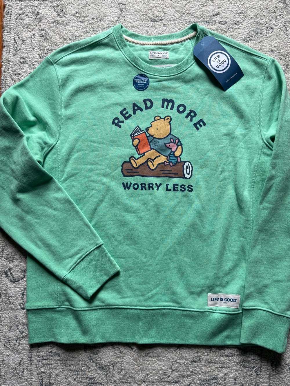 Life is Good 'Read More Worry Less' Winnie Graphic Cotton Sweatshirt Size L - Picture 7 of 8